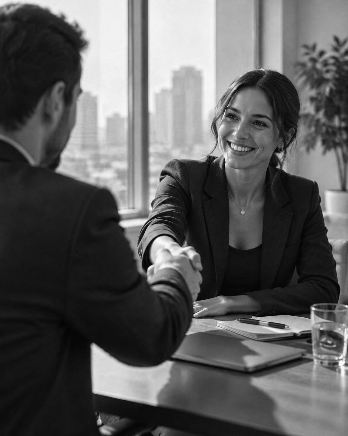 Salesperson closing a deal with a client in a meeting