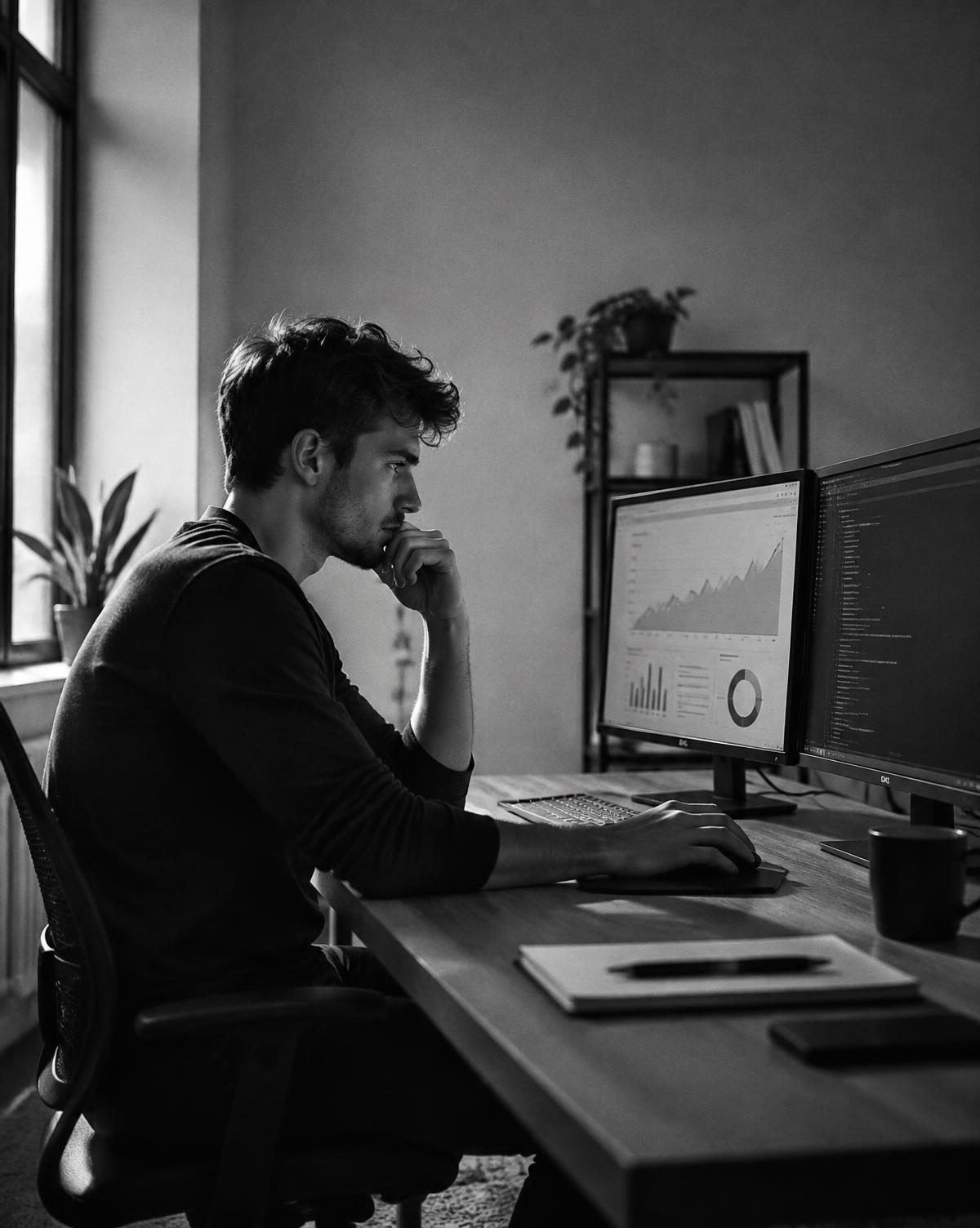 Growth hacker working the AI sales funnel at a desk