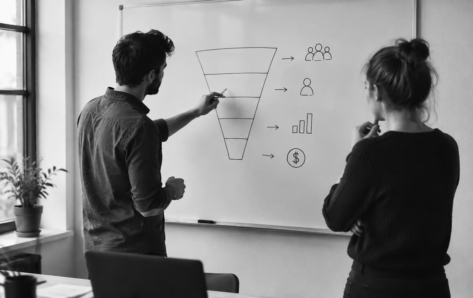 A growth hacker and a salesperson reviewing the funnel at a whiteboard